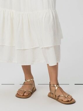 PAIGE Metallic Gold Cork-Strap Ankle Wrap flat Sandals. Zana Sandal